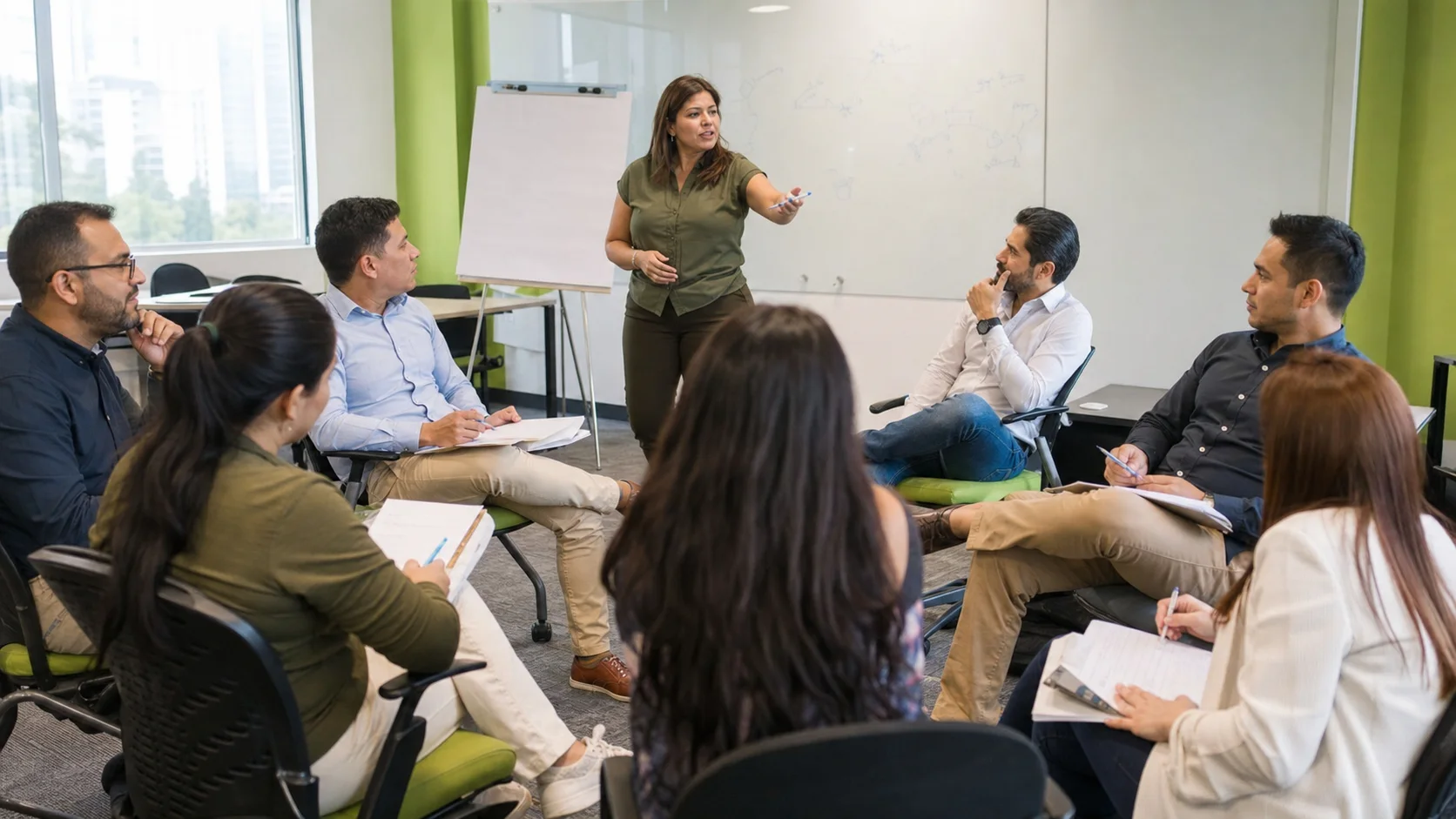 Facilitadora trabajando con un equipo comercial en una capacitación