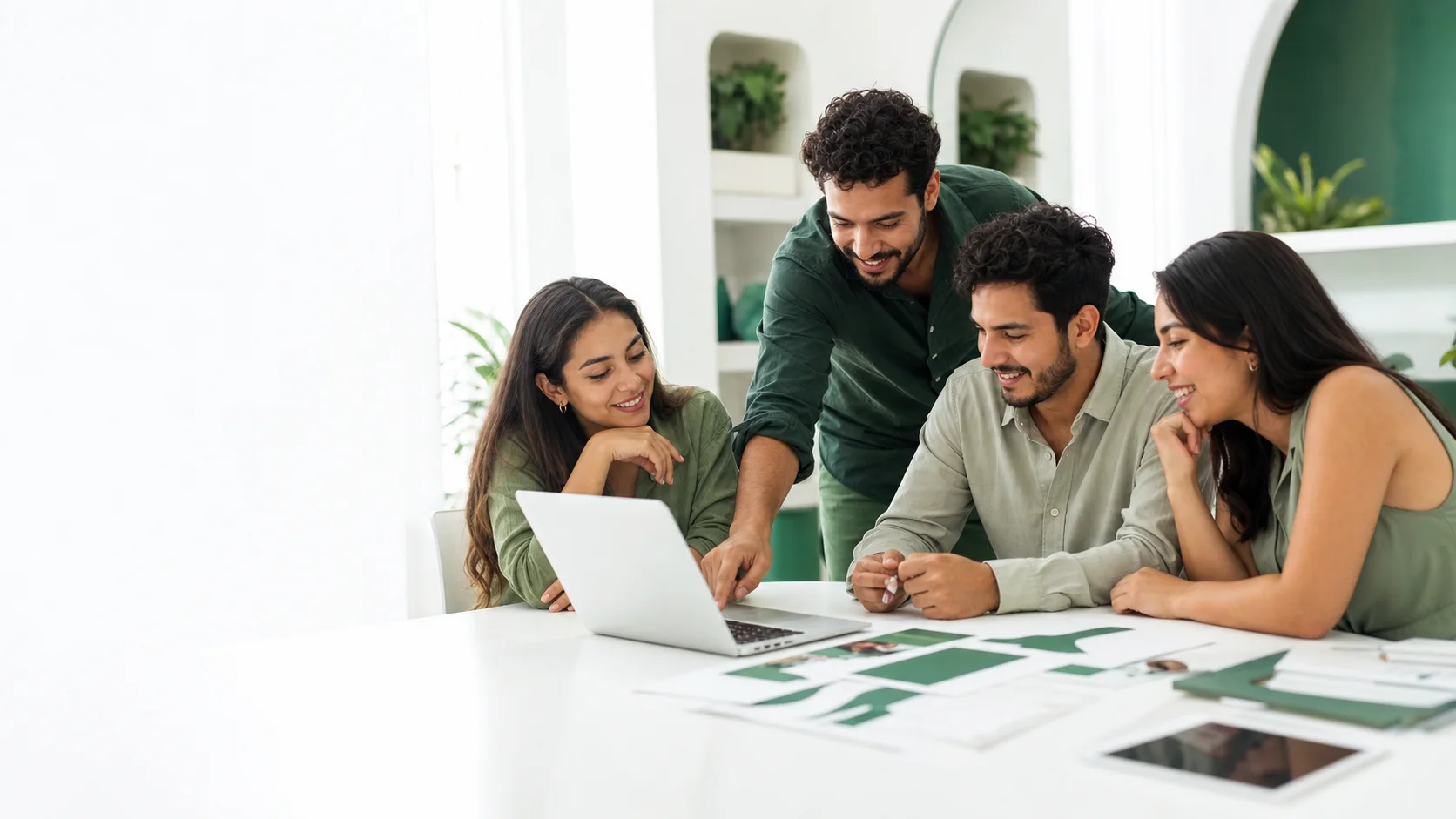 Cuatro profesionales jóvenes colaborando alrededor de una mesa de trabajo