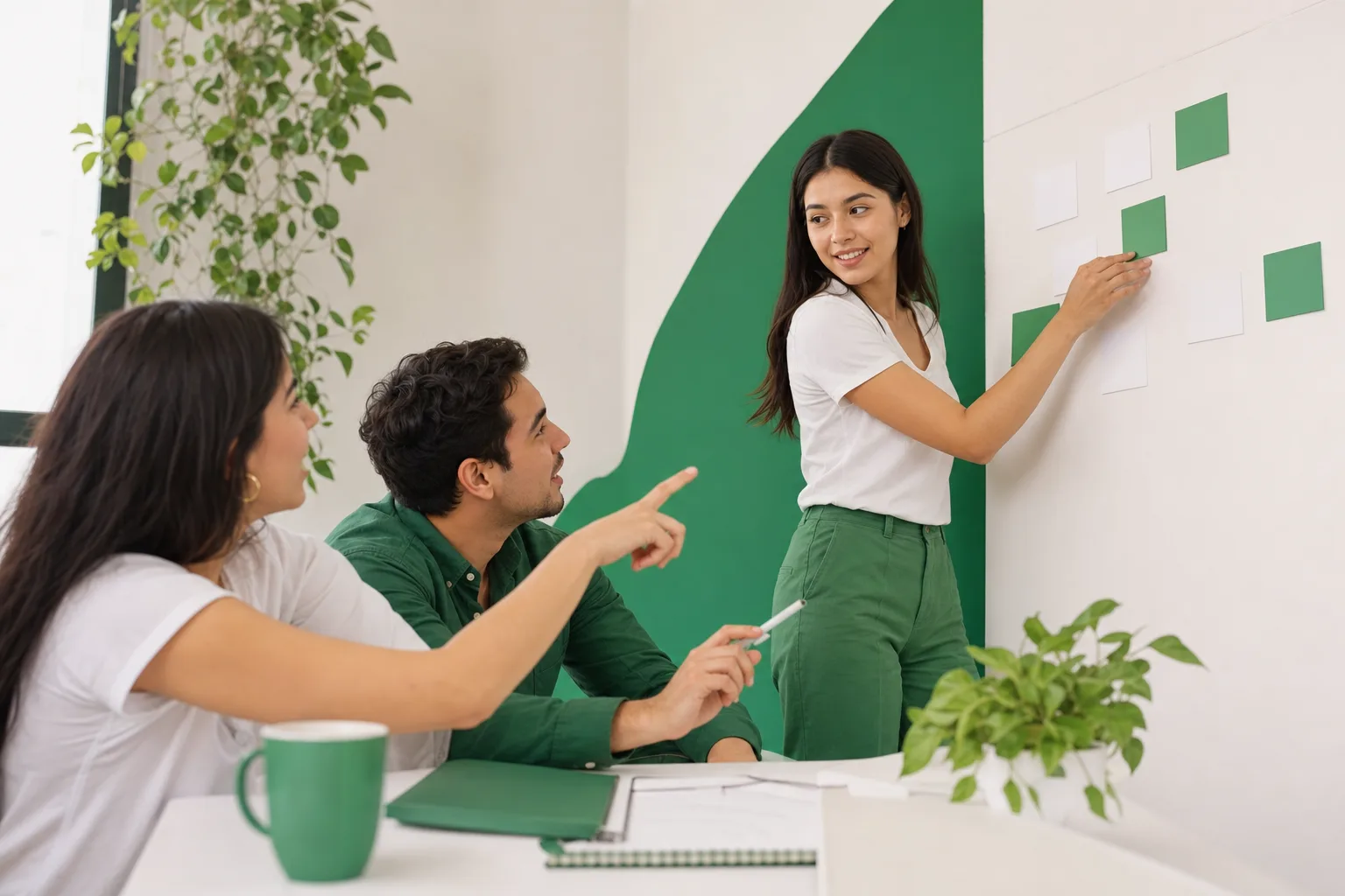 Equipo joven trabajando sobre decisiones estratégicas en una pared de ideas