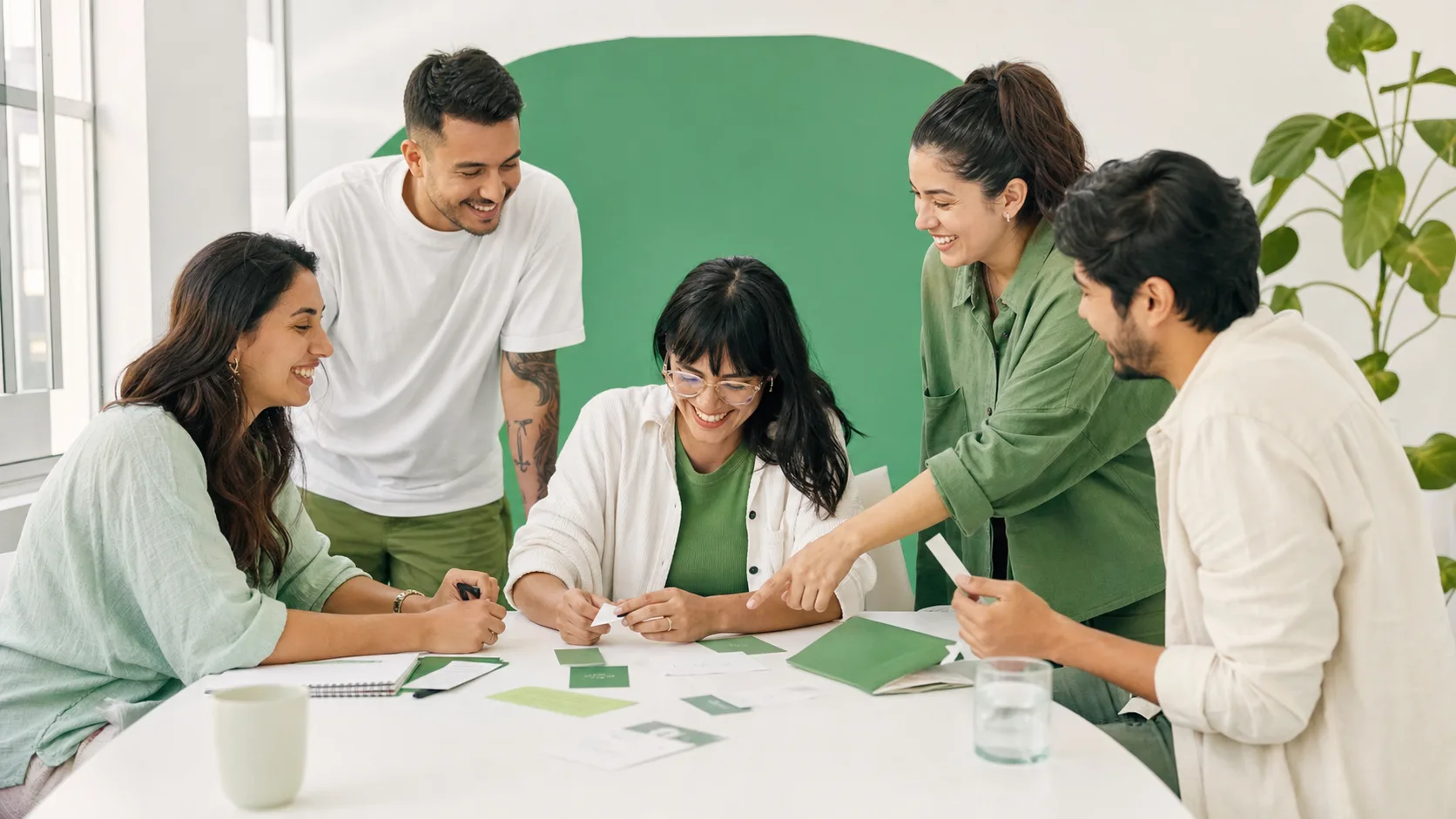 Grupo de profesionales jóvenes compartiendo ideas alrededor de una mesa
